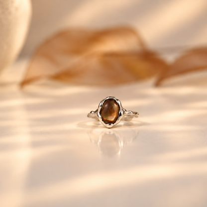 Handmade organic sterling silver ring with an iridescent mother of pearl oval, Rooz Jewellery Toronto